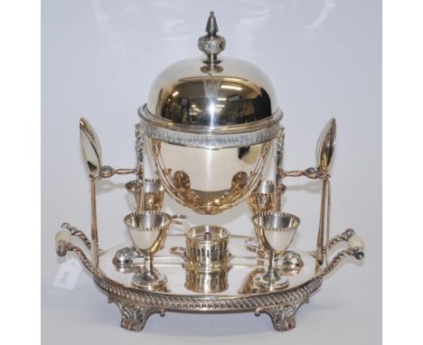 Antique Walker &amp; Hall egg cruet with 4 egg cups &amp; spoons, burner &amp; warming chamber, monogrammed, missing one hand