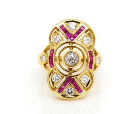 Diamond, ruby and 18ct yellow gold ring with anArt Deco design open grille work. Set with approx 1x Old European cut diamond 