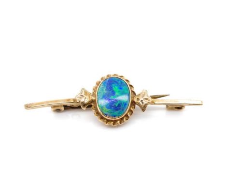 Australian opal doublet and 9ct gold brooch marked 9ct Rodd. Approx weight 2.88 grams, Bend to bar