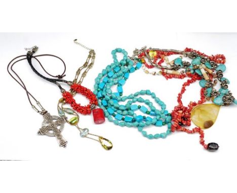 Beaded necklace group includes two coral beaded necklaces, carved agate pendant and necklace, turquoise coloured beaded neckl