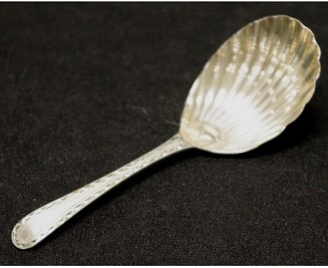 Georgian sterling silver caddy spoon marks rubbed, shell form bowl.