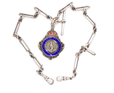 Edwardian silver fob chain and Masonic medal the chain has fetter links and is marked 1906 Birmingham John Thompson &amp; Son