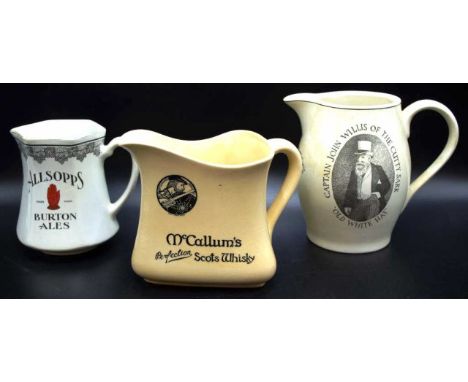 Three various scotch whisky advertising  jugs to include a Minton Allsopps Burton Ale,a Royal Doulton  a McCallum's, and a Cu