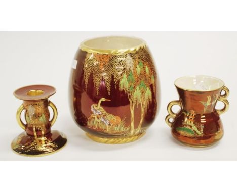 Two Carltonware Rouge Royale vases &amp; a candlestick one vase and the candlestick with New Stork pattern, the other vase wi