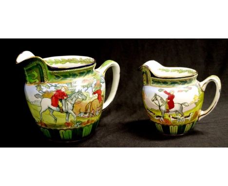 Graduated pair Royal Doulton Hunting Scene jugs D1779, marked to bases and Rd No 408787, circa 1904, (height 14cm, and 17cm a
