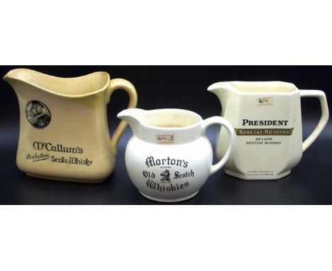 Three various scotch whisky advertising jugs to include a Royal Doulton McCallum's, a Wade  Morton's, and a Wade President Sp