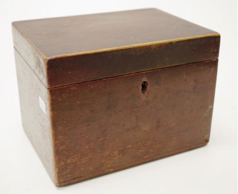 Antique wood tea caddy with divided interior, (remnants of tin lining to interior), (height 13cm approx).