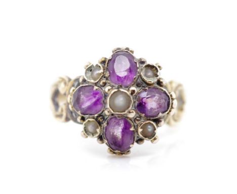 Antique amethyst, pearl and gold ring for restoration. Unmarked. Approx weight 1.2 grams, break to shoulder, size D, tests as