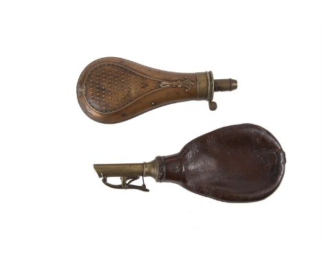A LEATHER SHOT FLASK AND A COPPER POWDER FLASK.