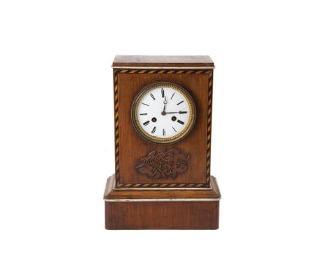 A SWISS COVERED WALNUT AND PARQUETRY MANTEL CLOCK, the white enamel dial in a brass bezel, in pediment case. 36cm 