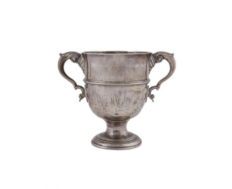 A GEORGE III IRISH SILVER TWO HANDLED LOVING CUP, DUBLIN c.1770, with ovoid body later engraved with bands of fruit, flowers 