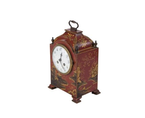 A 19TH CENTURY RED LACQUER AND CHINOISERIE DECORATED BRACKET CLOCK, the domed top surmounted with bracket handle and four poi