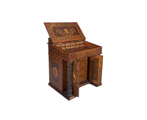 A FINE VICTORIAN KILLARNEY WORK DAVENPORT DESK OF EXHIBITION SIZE AND QUALITY, the slope front decorated in typical style and