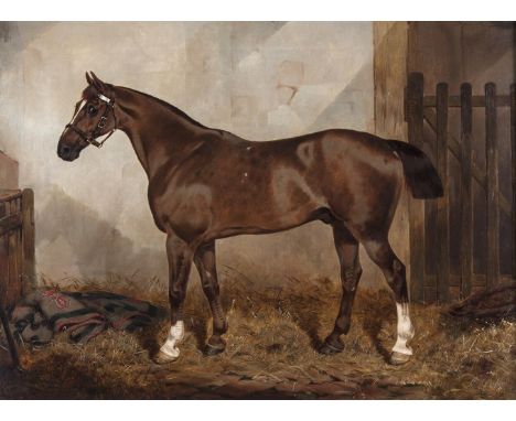 SAMUEL SPODE (19TH CENTURY)A Chesnut Hunter in a Stable, a Horse Blanket on the Ground with Intertwined 'C' under a CoronetOi