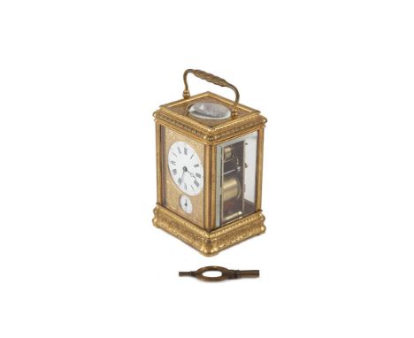 A 19TH CENTURY FRENCH FOUR GLASS PETITE SONNERIE CARRIAGE CLOCK, by Drucourt, Paris, the white enamel dial above a small seco