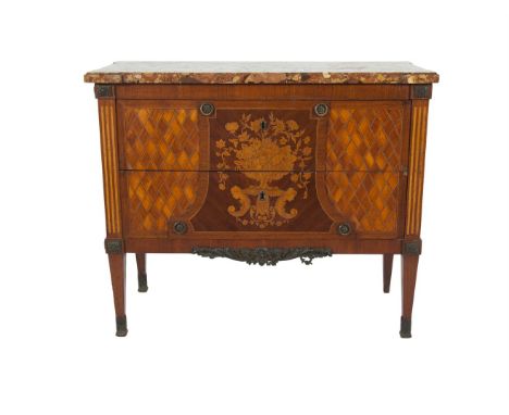 ***PLEASE NOTE: ESTIMATE SHOULD READ €800 - 1200***A LOUIS XV MARQUETRY AND PARQUETRY COMMODE, TRANSITIONAL, 18TH CENTURY, wi