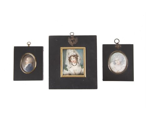 A GEORGIAN MINIATURE PORTRAIT OF A YOUNG GENTLEMAN, his hair tied in a queue, c.1790. Oval 6 x 4.5cm; another of Mrs. FitzHer