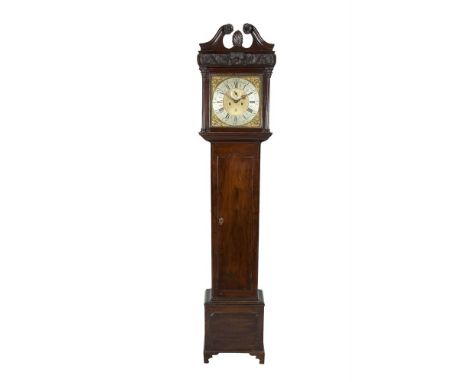 AN IRISH GEORGE III LONGCASE CLOCK BY ELIAZER WARREN, the mahogany case with hood and carved swan neck pediment, the frieze c