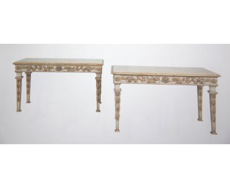 A PAIR OF PAINTED AND GILDED RECTANGULAR CONSOLE TABLES, the inset pink veined marble tops within a moulded border above a fr