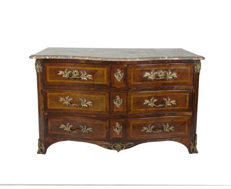 A RÉGENCE KINGWOOD AND TULIPWOOD COMMODE, de forme tombeau, stamped Moreau, pink veined marble moulded top above serpentine f