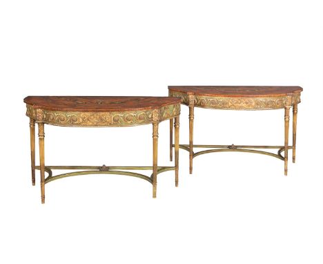 A PAIR OF GEORGE III NEO-CLASSICAL PIER TABLES, possibly Irish, the inlaid and painted satinwood tops decorated with rosewood