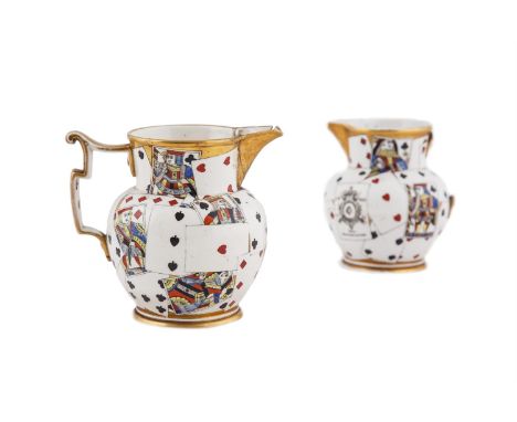 ***PLEASE NOTE ILLUSTRATION IN PRINTED CATALOGUE SHOULD NOT INCLUDE THE CRESTED PLATE***A PAIR OF JUGS DECORATED WITH GEORGE 