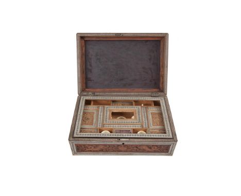 AN INDIAN CARVED WOOD, IVORY & MICRO-MOSAIC CASKET SHAPED SEWING BOX, 19th century, with fitted interior. 33cm widePLEASE NOT