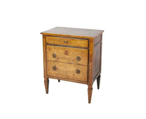 A MAHOGANY AND MARQUETRY NEO-CLASSICAL SMALL COMMODE, Milan, Late 18th Century, inlaid in intarsia with pastoral subjects, th