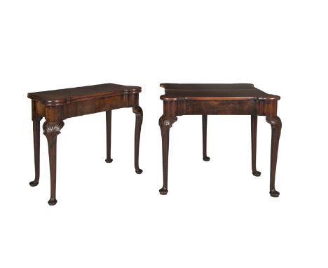 A FINE PAIR OF IRISH GEORGE III MAHOGANY TEA TABLES, the shaped rectangular folding tops with rounded corners and gate leg su