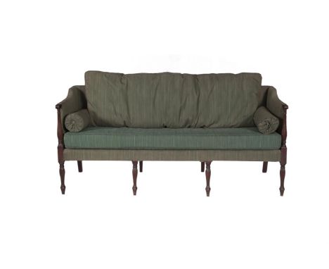 A GEORGE III STRAIGHT BACK SOFA, c.1810, with reeded mahogany frame on four slightly baluster fluted legs, now upholstered in