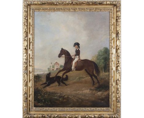 JAMES HENRY BROCAS (1790-1846)Portrait of a young gentleman on horseback with a black retriever in landscape Oil on canvas, 9