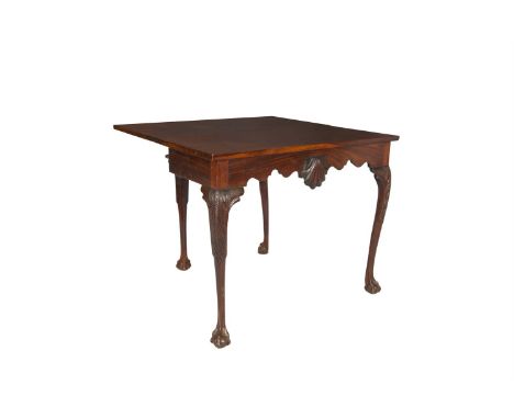 A GEORGE III MAHOGANY RECTANGULAR FOLDING TOP TEA TABLE, in the manner of James Hick of Dublin, the plain top raised on gate 