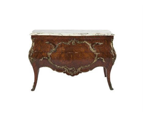 A LOUIS XV STYLE KINGWOOD AND MARQUETY BOMBÉ COMMODE, PARIS, BY BERNARD, with two drawers mounted in ormolu, shaped apron, on