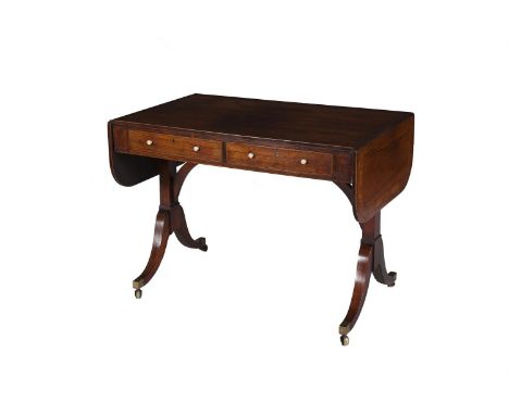 A REGENCY INLAID ROSEWOOD DOUBLE DROP LEAF SOFA TABLE, with frieze drawers, with bone handles on square tapering end supports