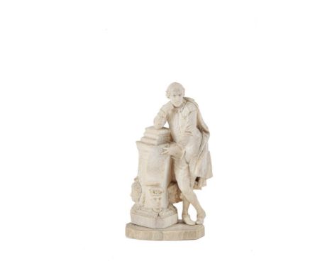 A CARVED IVORY FIGURE OF SHAKESPEARE standing leaning on a pile of books on a raised pedestal, 20cm tallPLEASE NOTE: THIS ITE