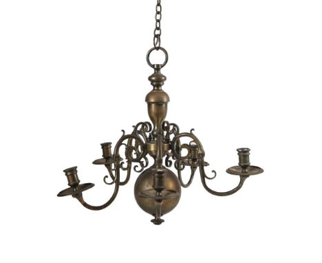 A DUTCH BRASS FRAMED FIVE BRANCH CHANDELIER, in 17th century style, with large globular body issuing five down scrolling arms