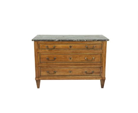 A FRENCH LATE 18TH CENTURY DIRECTOIRE PERIOD CHERRYWOOD COMMODE, with grey mottled marble top, above three long drawers with 