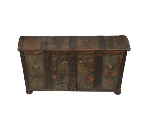 A 19TH CENTURY PAINTED PINE DANISH DOME TOPPED AND METAL STRAPPED TRUNK, decorated with painted flowers and initials, with me