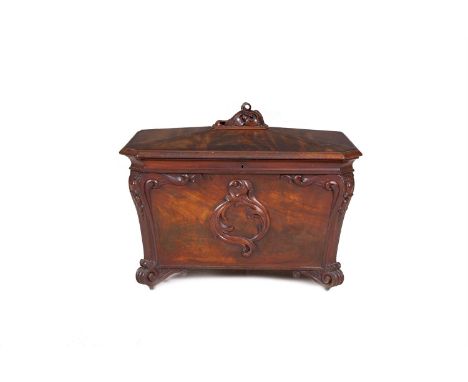 A LARGE VICTORIAN MAHOGANY WINE COOLER, of sarcophagus form, the raised painted hinged lid with scroll finial, above field pa