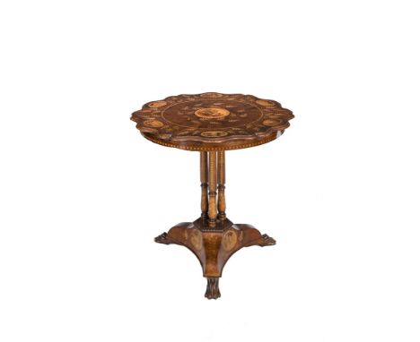 A VICTORIAN KILLARNEY WORK SHAPED CIRCULAR SNAP-TOP TEA TABLE, the inlaid arbutus wood decorated with boxwood plaques depicti