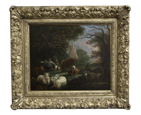 HERBERT PUGH (FL. C.1758-1788)Cows, Sheep and Goats in a LandscapeOil on canvas, 39 x 47.5cmSigned and dated 1762Born in Irel