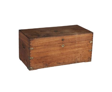 A RECTANGULAR PINE TRUNK, with twin handles and brass banding.