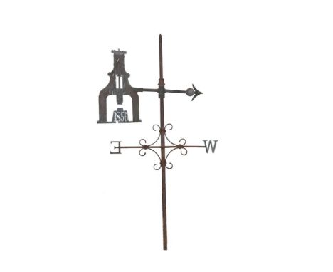 A 19TH CENTURY CAST-IRON FRAME WEATHER VANE, with brass compass points and a brass gable end with cut out date 1856. 231cm hi