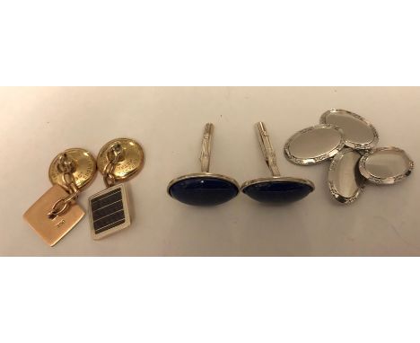 Three pairs of good quality cufflinks including 9 carat gold and enamel, Sterling silver and Lapis lazuli on .925 silver. 