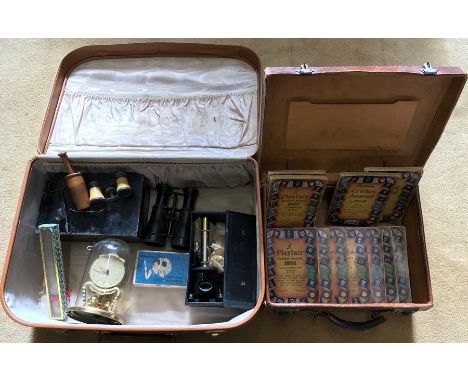 Miscellany including Kundo clock, binoculars, opera glasses, Playfair Octopus microscope, sash tin, cricket annuals from 1950