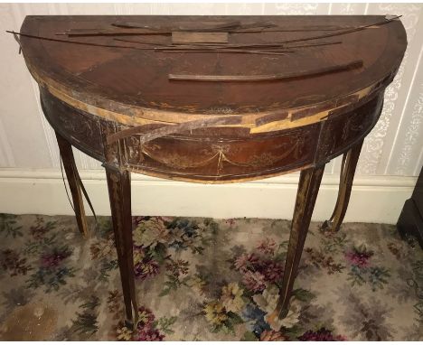 Superb 18thC demilune card table in mahogany and fine quality inlays in need of a little care and attention. 92 w x 77h x 46c