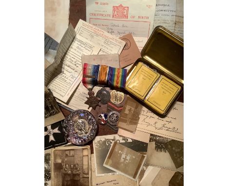 Three service medals for Private R. Orr 5361 R.A. with ephemera including photos associated, medals, badges, paperweights etc