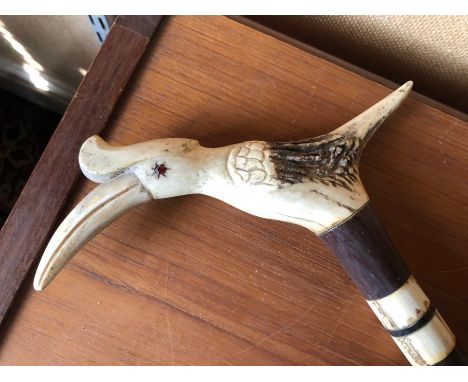 Carved handled walking stick toucan, bone/horn? 92cms h.