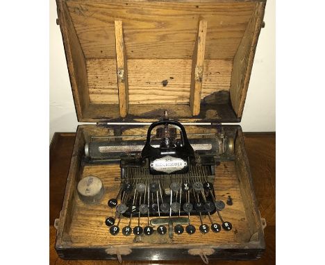 A very early typewriter, a Blickensderfer no 5, Stamford, Conn, U.S.A. one key button missing. 