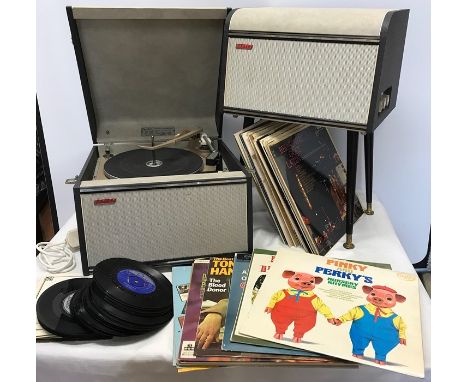 Hacker Cavalier Record player with Hacker Amplifier Speaker GP15 on Dansette legs together with a collection of LP's and 45's